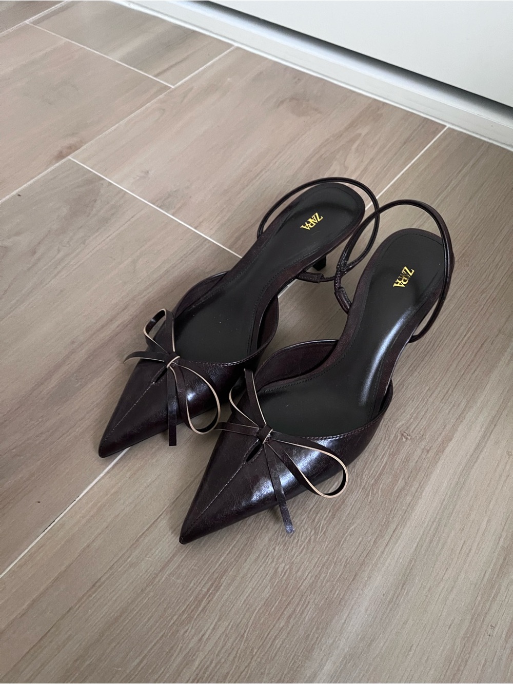 Zara Dark Brown Pointed Slingback Heels with Bow Accent